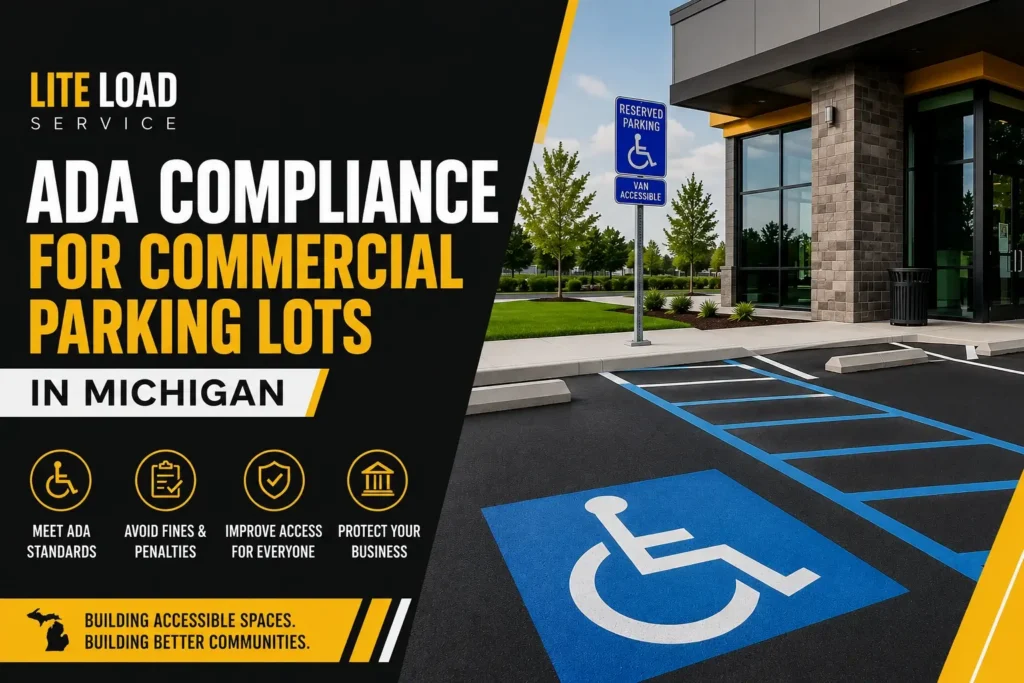 ADA-compliant commercial parking lot in Michigan with accessible parking spaces, signage, ramps, and pavement markings meeting accessibility standards