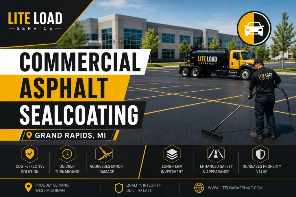 Commercial asphalt sealcoating in West Michigan parking lot with professional sealcoating application for long-lasting pavement protection