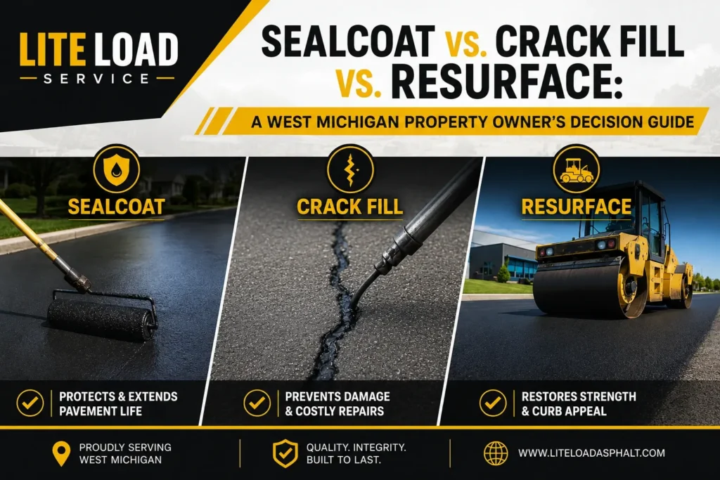 Sealcoat vs. crack fill vs. asphalt resurfacing comparison for parking lots and driveways in West Michigan