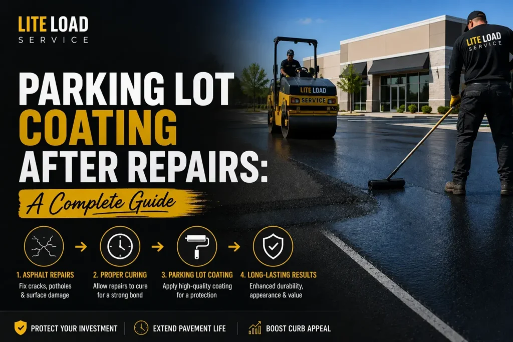 Parking lot sealcoating after asphalt repair