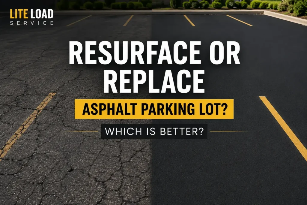 Damaged asphalt parking lot showing cracks and wear before resurfacing or replacement