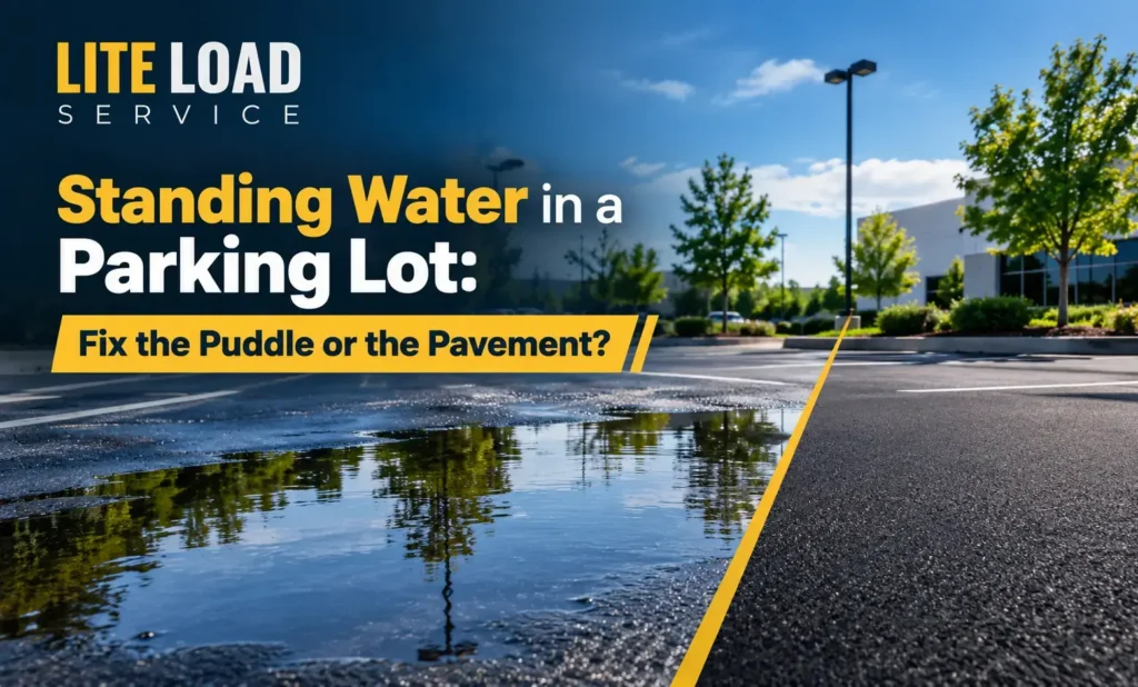 Standing water puddle in a parking lot showing pavement drainage issues