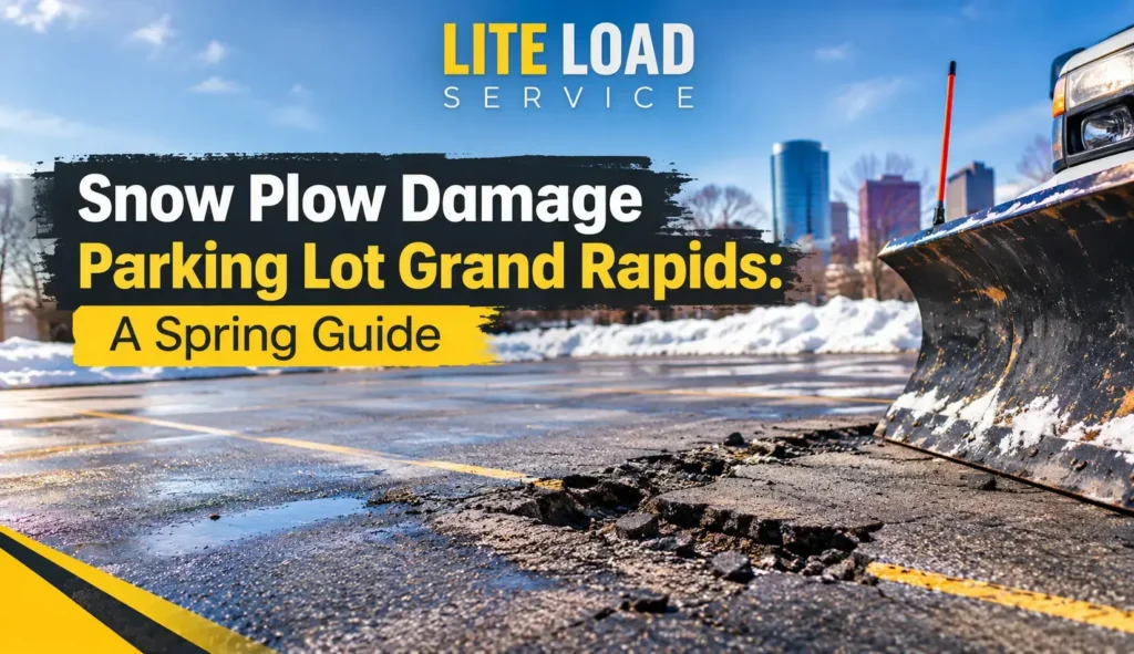 Snow plow damage to asphalt parking lots in Grand Rapids during winter