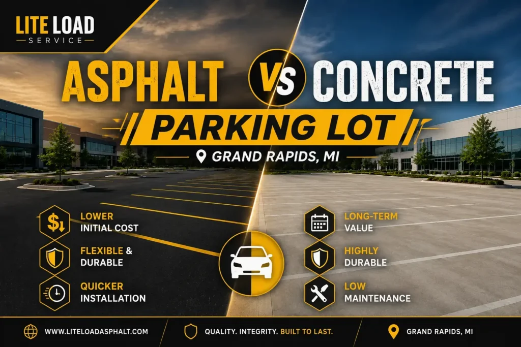 Asphalt vs. Concrete commercial parking lots in Michigan comparing durability, cost, maintenance, and long-term performance
