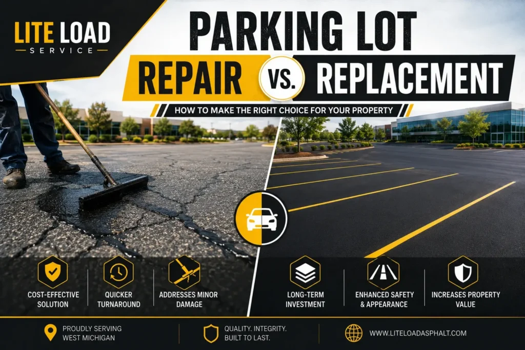Commercial parking lot repair vs replacement showing damaged asphalt, potholes, patching, and full asphalt replacement to help property owners determine the most cost-effective solution.